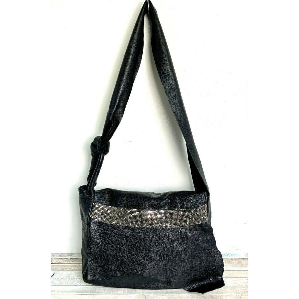 MMN CRYSTAL RAW EDGE BLACK GENUINE LEATHER FLAP SHOULDER BAG XBODY MESSENGER